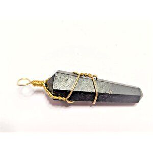 Natural Double Terminated Black Tourmaline Gold Tone Wire Wrapped Pendant